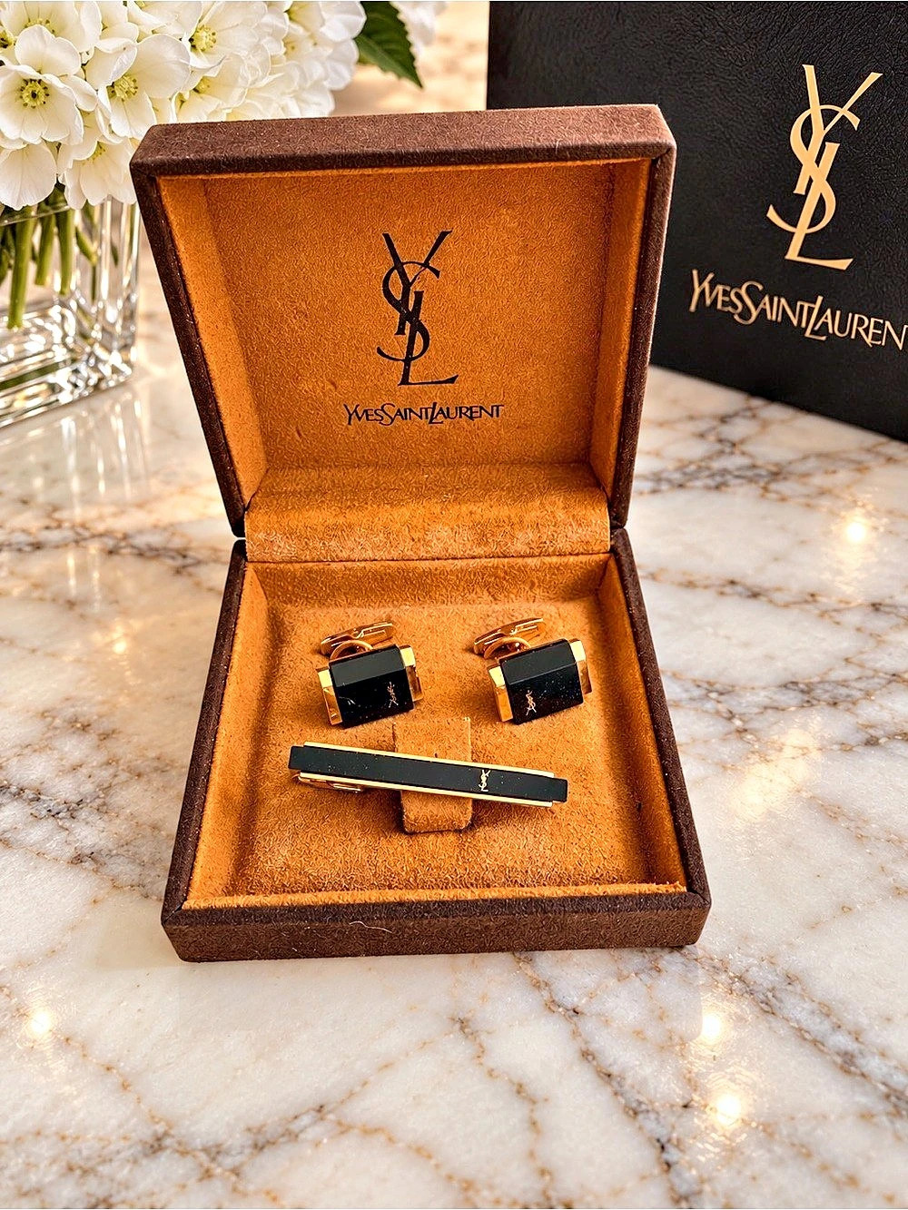 Vintage Yves Saint Laurent YSL Black Gold Cufflinks & Tie Bar Set w/ Box
